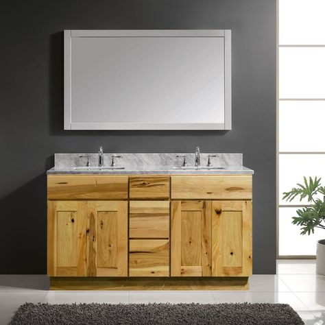 Riley & Higgs 60 Inch Hickory Bathroom Vanity with Double Sink Base, Double Doors, Country Rustic, Furniture Cabinets with Drawers, 60" x 21" x 34.5" Hickory Bathroom Vanity, Hickory Bathroom, Bathroom Vanity With Drawers, Country Cabinets, White Shaker Cabinet, Vanity With Drawers, Travertine Sinks, Bathroom Vanity Drawers, Linen Closets