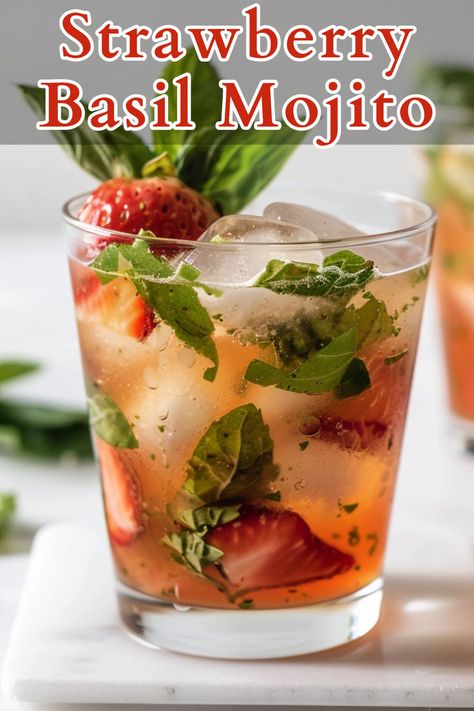 The Strawberry Basil Mojito is a refreshing cocktail that combines the sweetness of fresh strawberries with the aromatic notes of basil, complemented by the citrusy tang of lime juice and the smooth kick of rum. Basil Alcoholic Drinks, Strawberry Basil Mojito, Basil Mojito, Summer Rum Cocktails, Dark Rum Cocktails, Rum Cocktails Easy, Yum Drinks, Basil Cocktail, Cocktails To Make At Home