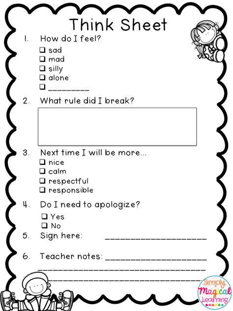 Free printable Think Sheet for behavior issues in primary grades Think Sheets For Behavior Elementary, Think Sheets For Behavior Kindergarten, Behavior Worksheets Free Printable, Behavior Sheets For Students, Reflection Sheets For Behavior, Student Behavior Reflection Sheet, Behavior Think Sheet Free Printable, Reflection Sheets For Students, Behavior Tracker Elementary