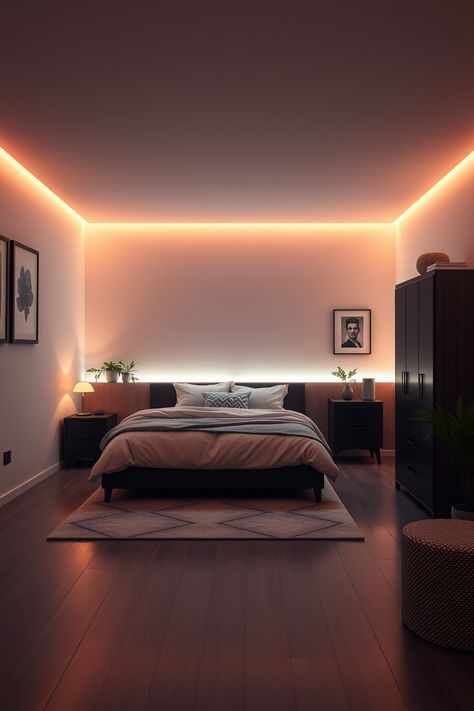 15 Ideas and Inspiration for a Bedroom with LED Lights – bedroomideas.fun Led In Bedroom Ideas, Bedroom Decor Lights Creative, Bedroom Interior Ideas Creative, Cozy Bedroom With Led Lights, Bedroom With Recessed Lighting, Led Ambient Lighting, Aesthetic Bedroom With Led Lights, Bedroom Mood Lighting Ideas, Aesthetic Room Decor Led Lights