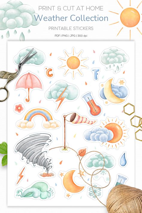 Seasons Printable, Weather Planner, Weather Stickers, Pro Create, Printable Sticker Sheets, Stickers Collection, Simple Scrapbook, Stickers Sheet, Rainy Season