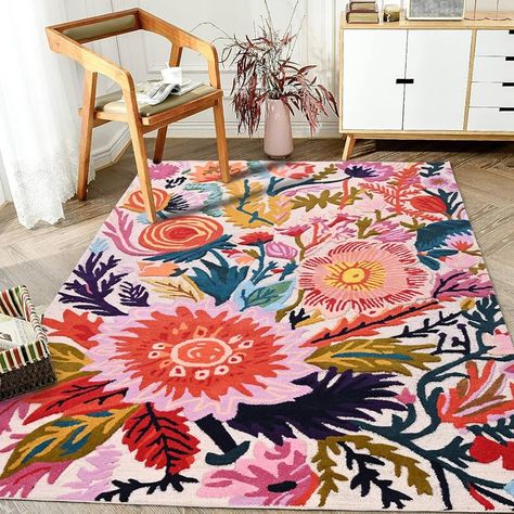 Amazon.com: Restoration and Renovation Handmade Wool Floral Area Rug for Living Room | Elegant Flower Garden Design, Soft, Thick and Durable | Bedroom, Dining Room & Home Decor Carpet (5' x 8', Floral E) : Home & Kitchen Pop Of Color Rug Living Room, Colorful Home Decor Living Room, Jewel Tone Rugs Living Rooms, Colorful Minimalist Living Room Apartment, Colorful Dining Room Rug, Area Rugs In Home Office, Bright Tropical Decor, World Market Rugs, Floral Tufted Rug