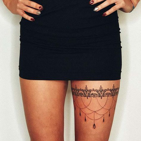 Lace Garter Tattoos, Thigh Garter Tattoo, Summer Tattoos, Leg Band Tattoos, Garter Tattoo, Girl Thigh Tattoos, Cuff Tattoo, Chain Tattoo, Hip Thigh Tattoos