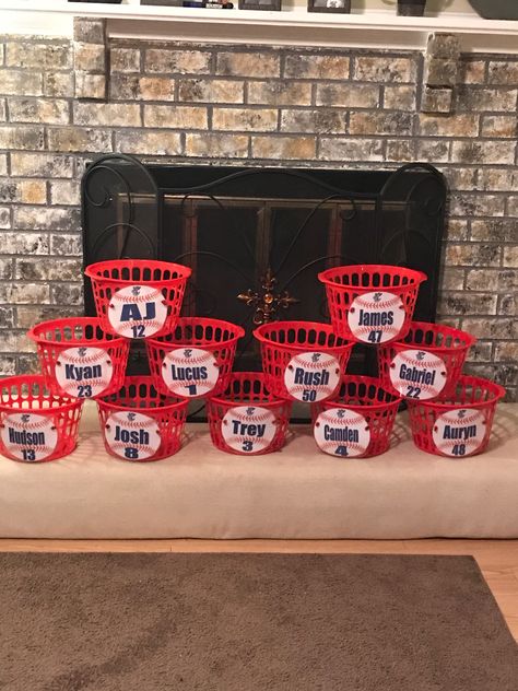 Little league, t-ball, dugout buckets, baseball organizing, kids crafts, ideas , examples Dugout Buckets, Baseball Dugout Ideas, Dugout Ideas, Tball Coach, Dugout Mom, Dugout Organization, Softball Dugout, Softball Team Mom, Baseball Team Party