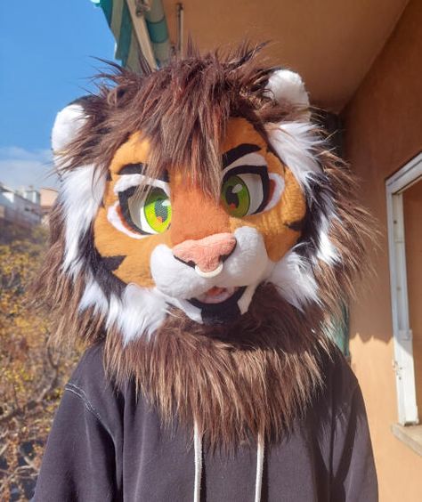 Lion Fursona Art, Sabertooth Tiger Fursona, Fursuit With Hair, Monkey Fursuit, Big Cat Fursuit, Chicken Fursona, Fursuit Eyes Ideas, Fur Suit Ideas, Lynx Fursuit