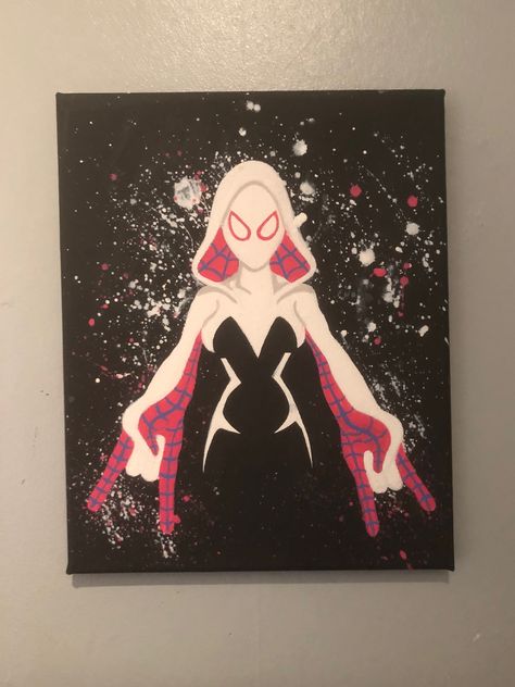 Gwen Stacy canvas Gwen Stacy Painting, Drawing Gwen Stacy, Spider Gwen Room Decor, Spider Gwen Painting, Miles And Gwen Painting, Shadow Painting, Gwen Stacy, Black Shadow, Spider Gwen