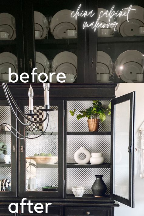 This simple project makes a big impact! Transforms a china cabinet, bookcase or hutch. ~Lizzy Designs Blog Black Hutch Makeover, Black Corner Cabinet, China Cabinet Bookcase, Diy Pantry Cabinet, Black China Cabinet, Glass China Cabinet, China Cabinet Redo, Wallpaper Cabinets, Armoire Diy