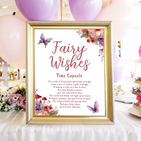 Tinkerbell First Birthday Party, First Birthday Guest Book Ideas, Fairy One Year Old Party, Fairy Birthday Decorations, Trinket Ideas, Fairy First Birthday Party, Fairy Themed Birthday Party, Fairy Theme Birthday Party, First Birthday Time Capsule