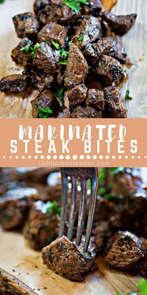 Marinated Steak Bites, Garden Meals, Steak Appetizers, Tender Steak, Easy Steak, Marinated Steak, Savory Appetizer, Steak Bites, Beef Dishes