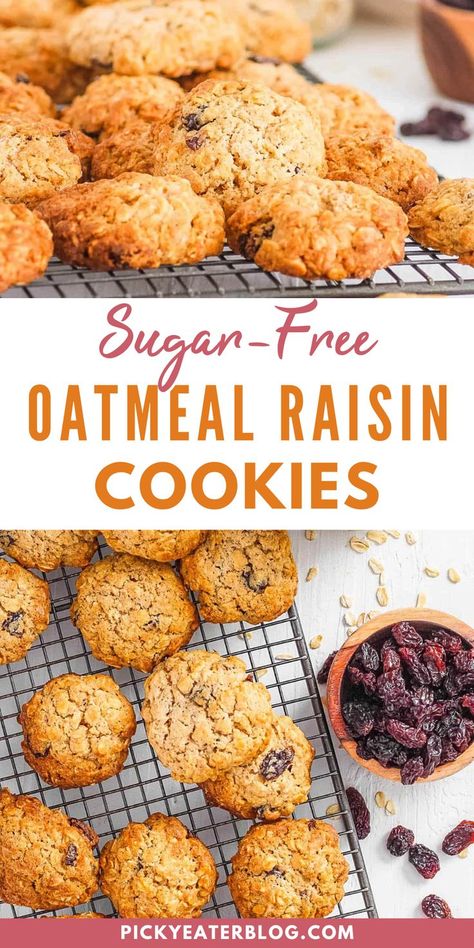 My sugar free oatmeal cookies recipe is the perfect soft and chewy guilt free alternative! Made with wholesome oats, whole wheat flour, raisins, and naturally sweetened with monk fruit, these healthy cookies with no sugar will quickly become a family favorite! Monk Sugar Recipes, No Sugar No Flour Oatmeal Cookies, No Sugar Baking Recipes, No Sugar No Flour Cookies, Healthy Oatmeal Cookies No Sugar, Healthy Cookies No Sugar No Flour, Snacks Postpartum, Monk Fruit Recipes, Sugar Free Cookies Recipes