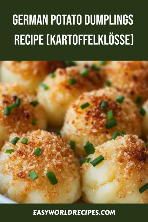 German potato dumplings, known as Kartoffelklöße, are a comforting side dish often found in traditional German meals. These dumplings are made from fluffy mashed potatoes and served with a buttery breadcrumb topping, adding a crisp finish to the tender interior. German Potato Balls, German Potato Dumplings Recipes, German Mashed Potatoes, Potato Dumplings Polish, Traditional German Food Recipes, Potatoe Dumpling, Potatoe Dumplings, German Recipes Authentic, Potato Dumplings German