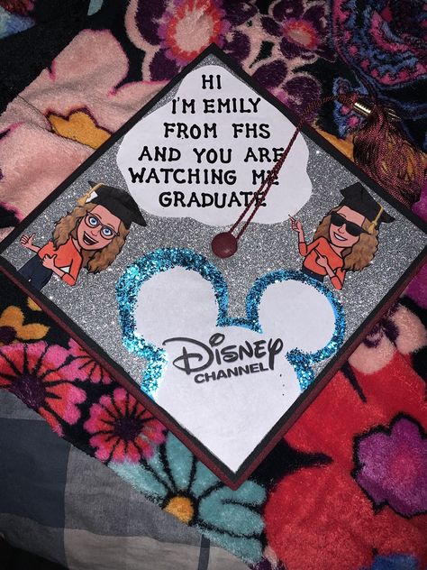 Graduation Cap Designs Inspiration, Clever Graduation Caps, Cap Ideas For Graduation Funny, Disney Graduation Cap Ideas College, Monsters Inc Graduation Cap, Cute Cap Designs For Graduation, Grad Cap Designs Disney, Funny Graduation Cap Designs College, Bff Graduation Caps