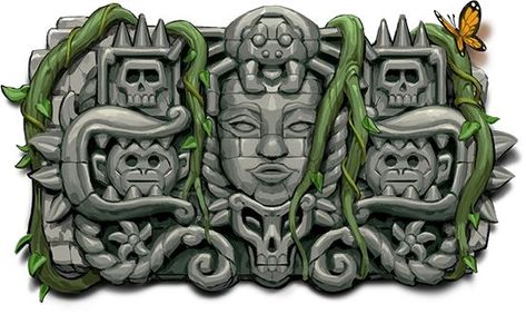 Aztec Temple Drawing, Ancient Mural, Aztec Statues, Art Recreation, Forest Sketch, Aztec Temple, Treasure Games, Temple Drawing, Tower Defense