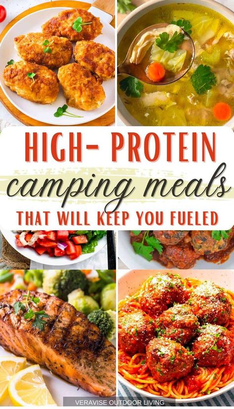 14 High Protein Camping Meals That Will Keep You Fueled • Burger Bowls • Easy Ground Beef Tacos • Shrimp Salad (Easy 10-Minute Recipe) • Instant Pot Salmon • Pizza Joes • Air Fryer Chicken Legs Easy Chicken Camping Meals, Macro Friendly Camping Food, Macro Camping Meals, High Protein Camping Breakfast, Macro Friendly Camping Meals, High Protein Camping Snacks, Campstove Dinners, Low Calorie Camping Meals, Camping Healthy Meals