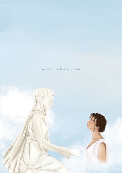 A girl looking up at a stone statue with blue skies and clouds in the background. The quote reads, “We bear it as best as we can.” Circe Fanart Madeline Miller, Circe Fanart, Circe Madeline Miller, Madeline Miller, Favourite Quote, Doing My Best, We Bear, Greek Mythology, Book Series