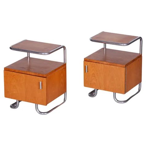 Restored Bauhaus Oak Bed-Side Tables, Mucke-Melder, Czechia, 1930s For Sale at 1stDibs Bauhaus Bedside Table, Collapsible Chair, Bauhaus Furniture, Oak Bed, Modernist Furniture, Oak Beds, Primary Colours, Bauhaus Design, Tubular Steel