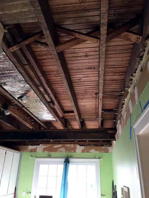 Kitchen Progress: Removing Drywall, Plaster, and Lath Ceilings and Fixing a Floating Bathtub | And Then We Tried Floating Bathtub, Removing Wallpaper, Exposed Wood Ceilings, Floating Kitchen, Exposed Beams Ceiling, Exposed Ceilings, Drywall Ceiling, Exposed Rafters, Open Ceiling