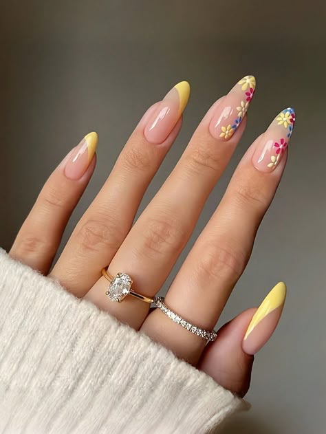 Multicolor  Collar   Colorblock Color Nails Embellished   Nail,Hand & Foot Care Yellow Nails Art Designs, French Nail Color Ideas, Oval Shaped Summer Nails, Summer Nail Inspo Almond French Tip, Nails Art Ete, Almond Nails Yellow, Nails For Small Hands, Yellow Almond Acrylic Nails, Yellow Tip Almond Nails