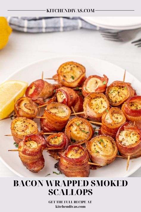 Plateful of bacon wrapped smoked scallops. Smoked Scallops, Bacon Scallops, Easy Smoker Recipes, Bacon Wrapped Scallops, Pellet Grill Recipes, Smoked Cooking, Scallop Recipes, Smoked Fish, Fish Dinner