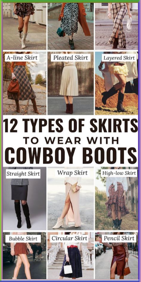 Discover the ultimate pairing guide with 12 types of skirts to wear with cowboy boots, creating looks that blend timeless charm with modern flair. From playful minis to elegant midis, sweeping maxis, crisp pleated, versatile wrap, to the dynamic high-low skirts, each style offers a unique way to rock cowboy boots. | skirts to wear with cowboy boots | how to wear cowboy boots with skirts | skirts with cowboy boots outfit | western outfits women | cowgirl outfits | boho outfits | street style 2024