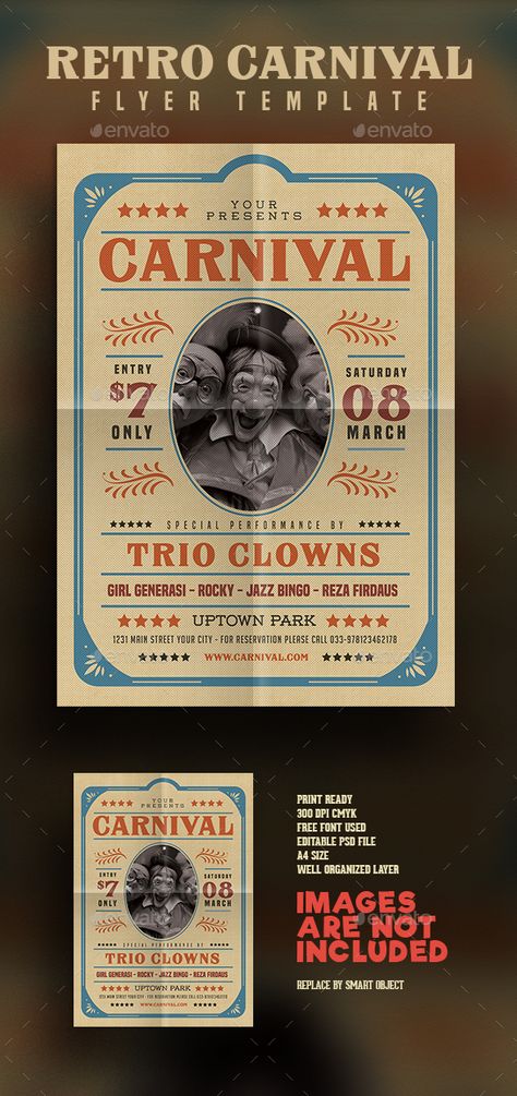 Circus Design Graphic, Circus Graphic Design, Circus Poster Design, Circus Layout, Circus Flyer, Cafe Font, Carnival Flyer, Retro Carnival, Circus Ticket