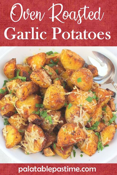 Oven roasted garlic potatoes seasoned with Parmesan make a tempting side dish for any meal are  made extra crispy using an alkaline water technique. Potatoes Oven Roasted, Quiche With Potato Crust, Roasted Garlic Potatoes, Garlic Potatoes Recipe, Potatoes Oven, Oven Roasted Garlic, Potato Latke Recipe, Roasting Garlic In Oven, Baked Potato Skins