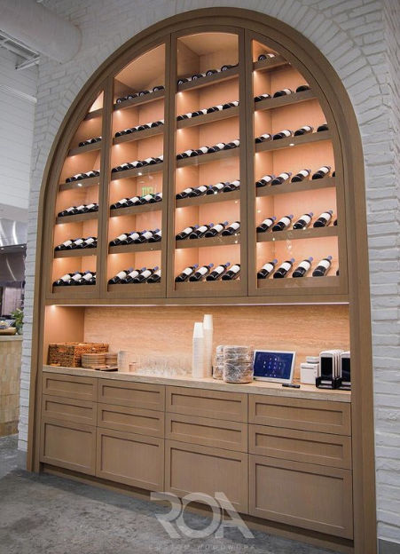 Custom wine cabinet storage with arch detail millwork by @roacustomwoodwork Drink Counter, Wine Storage Ideas, Wine Storage Cabinet, Wine Wall Display, Custom Wine Cabinet, Wine Tower, Aventura Florida, Wine Storage Cabinets, Adams Homes