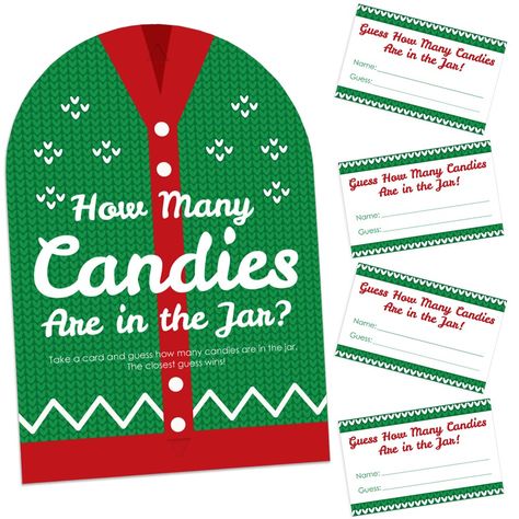 Ugly Sweater Candy Guessing Game INCLUDES 1 sign with a built-in stand and 40 guessing cards that will look great at your Holiday or Christmas Party. Sign measures 7.5” wide by 11” tall and cards measure 3.5” by 2.25” tall. Candy and jar are not included. HOW TO PLAY: Draw attention to your candy jar with the Ugly Sweater Candy Guessing Game! Place the sign and cards next to your candy jar. Guests can then take a card and guess how many candies are in the jar. The closest guess wins! EASY ASSEMB Animal Party Games, Sweater Candy, Christmas Party Candy, Candy Guessing Game, Game Place, Holiday Christmas Party, Guessing Games, Christmas Party Games, Party Sign