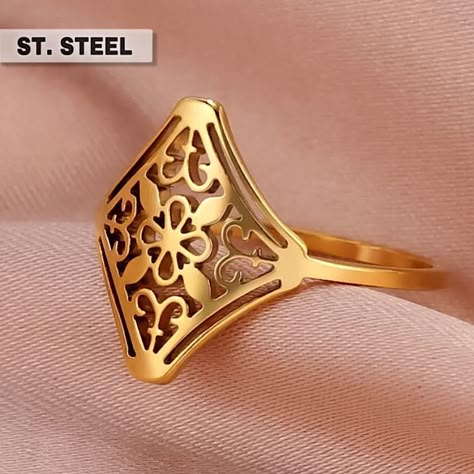 Ring Stainless Steel Gold Tone, Silver Tone Filigree Rhombus Charm [L 9/16” X W 9/16”] Band Width 1 Mm Sizes Available: 6, 7, 8, 9, 10 Fading / Tarnish Resistant Durable 1 Pc / Lot Condition Nwt Mix & Match 3 Listings For $18 Queendomjewelry Btq 7k+ Sold Items 600+ Available Listings 4.9 Rating Fashion Costume Brand Basic Casual Chic Metal Metallic Embellished Floral Flower Plant Vegan Bud Blossom Leaf Fleur De Lis Hollow Out Carved Cut Solitaire Elegant Feminine Stylish Boho Bohemian Golden Yel Ladies Gold Rings, Boho Chic Accessories, Hollow Ring, Gold Color Ring, Gold Ring Designs, Gold Jewelry Simple, Rings Jewelry Fashion, Band Jewelry, Stainless Steel Ring