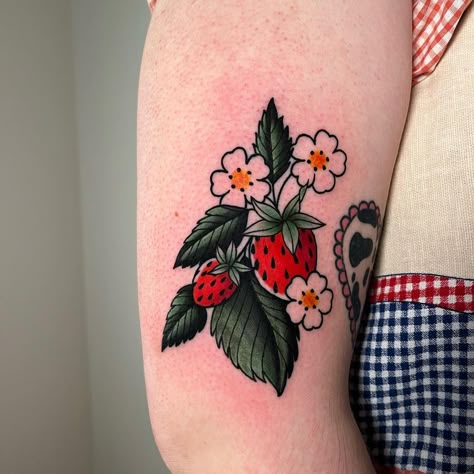 Candy Tattoo, Strawberry Tattoo, Stick Poke Tattoo, Fruit Tattoo, Bright Tattoos, Bouquet Tattoo, Kawaii Tattoo, Blossom Tattoo, Traditional Tattoo Art