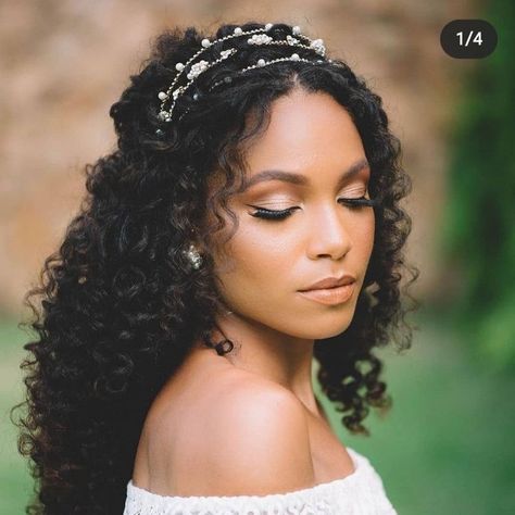 Long Curly Hair For Wedding Brides, Formal Curly Hairstyles Natural Curls Black Women, Whimsical Hairstyles Black Women, Quince Curly Hairstyles With Crown, Curly Hair With Headband Wedding, Wedding Hair Mixed Women, Natural Wedding Hairstyles For Long Hair, Wedding Hairstyles Curly Hair Natural Black Women, Bridesmaid Hairstyles Natural Curly Hair