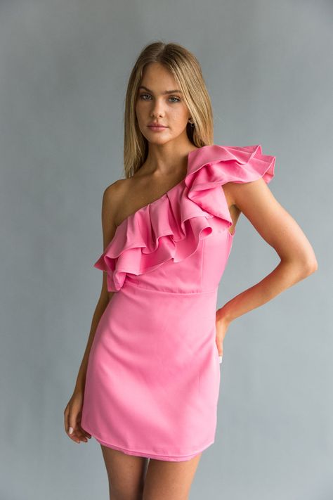 pink-image Ruffle Off The Shoulder Dress, Homecoming Dress Ruffle, Hoco Rompers, Sophomore Hoco Dresses, Hoco Dresses One Shoulder, Ruffle Hoco Dress, Preppy Hoco Dress, One Shoulder Hoco Dress, Hoco Dresses Unique