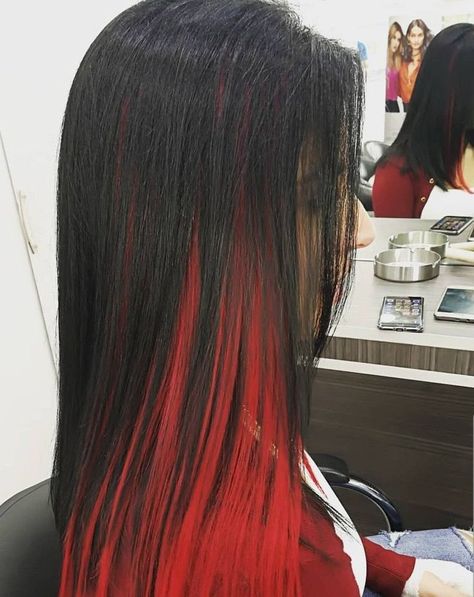 Latina With Red Highlights, Peak A Boo Hair Color Blonde, Black With Red Underneath Hair, Red On Top Black On Bottom Hair, Red Hair Peekaboo, Red Peak A Boo Hair, Red Hair With Black Underneath, Peekaboo Red Hair, Chunky Red Highlights On Dark Hair