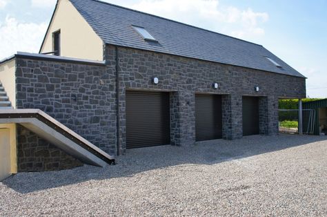 Triple Garage Built With 80% Split Face And 20% Natural Faced Basalt Triple Garage, Triple Garage Ideas, House Designs Ireland, Mews House, Garage Door Design, Double Garage, Stone Masonry, Barn Conversion, Shed Design