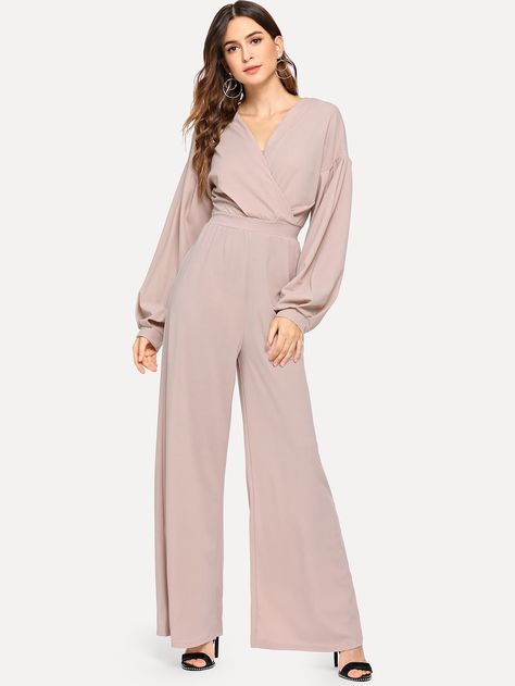 Surplice Wrap Neck Solid Jumpsuit -SheIn(Sheinside) Jumpsuit Elegant Chic, Graduation Outfit Ideas Hijab, Women Jumpsuit Outfits, Jumpsuit Outfit Wedding, Classy Jumpsuit Outfits, Alex Toys, Classy Jumpsuit, Soiree Dress, Stylish Jumpsuit