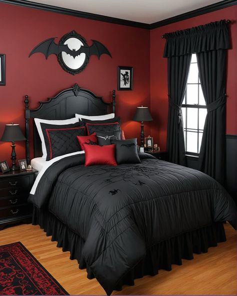 Red Apartment Decor, Modern Gothic Living Room, Modern Black Bedroom Design, Bold Wall Colors, Decorating With Black, Casa Rock, Modern Black Bedroom, Black Bedroom Ideas, Red Apartment