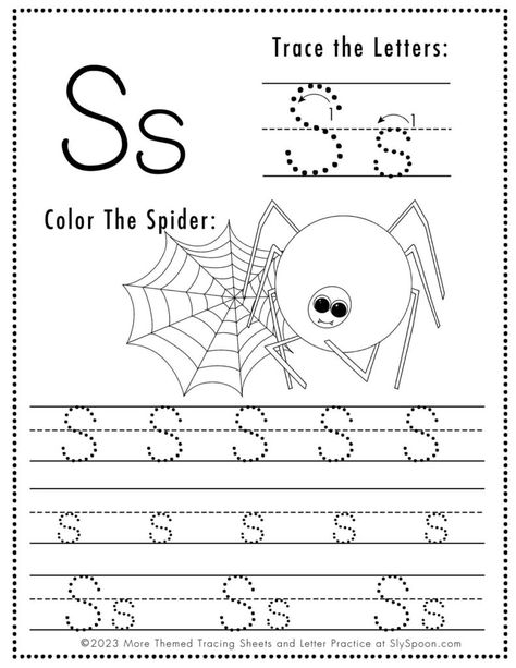 Free Halloween Themed Letter Tracing Worksheet Letter S is for Spider - Set includes a variety of Letter S coloring and tracing worksheets. Ideal for homeschoolers & preschool teachers and perfect for Halloween-themed lesson plans! 🍁🖍👻🎨 #Homeschooling #PreschoolEducation #PreKLearning #HalloweenActivities #AlphabetWorksheets #Spider #Printables #Freeprintable #letterS#FreeprintableHalloweenWorksheet #HalloweenWorksheets S Tracing Worksheet, S Is For Spider, Letter S Tracing, Letter S Crafts, Letter S Worksheets, Halloween Vocabulary, Teach English To Kids, Free Printable Halloween, Halloween Worksheets