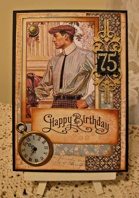 Masculine 75th Birthday Card - Scrapbook.com - Great inspiration on how to make a masculine card! 75th Birthday Card, Birthday Cards Images, Art Deco Cards, 75th Birthday Gifts, Mens Cards, Happy Birthday Vintage, Birthday Clips, Vintage Birthday Cards, Masculine Birthday Cards