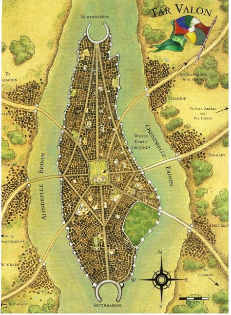 Tar Valon from Robert Jordan’s The Wheel of Time Tar Valon, Dnd City, Aes Sedai, Wheel Of Time Books, Fantasy City Map, Fantasy World Map, Wheel Of Time, Tabletop Rpg Maps, Fantasy Maps