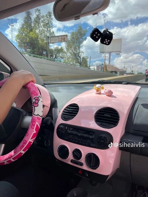 Wrapped Car Interior, Pink Volkswagen Beetle Interior, Vw Beetle Convertible Accessories, Volkswagen Beetle Decorations, Beetle Car Aesthetic Interior, Volkswagen Beetle Aesthetic Interior, Volkswagen Beetle Aesthetic, Vw Beetle Interior, Car Girlfriend