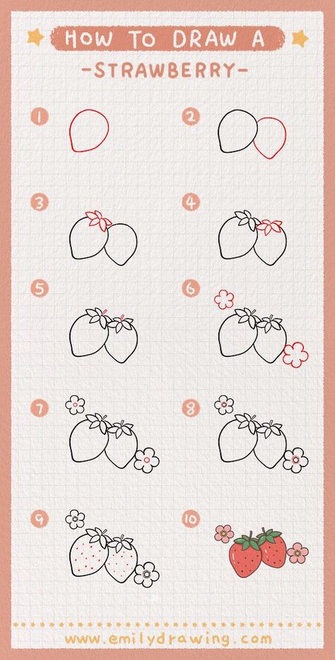 How to Draw a Strawberry Step by Step - Cute Easy Drawings Draw A Strawberry, Trin For Trin Tegning, Strawberry Drawing, Doodle Art For Beginners, Easy Drawing Tutorial, Being Creative, Sketches Tutorial, Bullet Journal Design Ideas, Easy Doodle Art