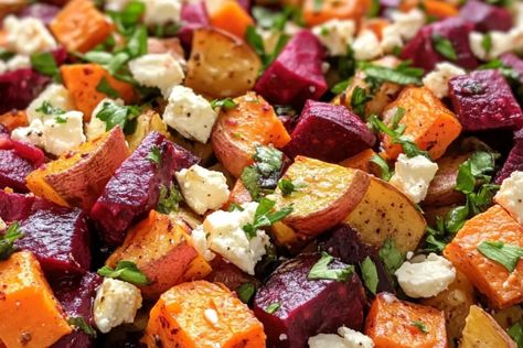 Creamy Roasted Beet, Sweet Potato, and Feta Salad Recipe - Easy and Delicious Beet Sweet Potato, Roasted Root Vegetable Salad, Root Vegetable Salad, Feta Salad Recipe, Honey Dressing, Creamy Feta, Lemon Honey, Roasted Root Vegetables, Beet Recipes