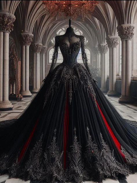 Dark Academia Gowns, Dark Fantasy Wedding Dress, Black Fantasy Dress Queens, Black Fantasy Gown, Dark Academia Wedding Dress, Red And Black Ball Gown, Emo Wedding Dresses, Black Wedding Dresses Gothic, Dark Wedding Dress