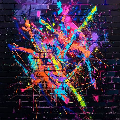 "Vibrant #GraffitiArt: A mesmerizing display of vibrant #NeonArt splattered creatively on a dark brick wall backdrop. #StreetArt #ColorfulCreation #UrbanArt #AiGeneratedArt #Aesthetic #DigitalArt ⬇️ Download and 📝 Prompt 👉 https://stockcake.com/i/vibrant-graffiti-art_754031_916357" Neon Graffiti Wall, Graffiti Graphic Design, Dark Brick Wall, Graffiti Aesthetic, Neon Graffiti, Paint Splatter Art, Brick Wall Backdrop, Horror Cartoon, Graffiti Piece