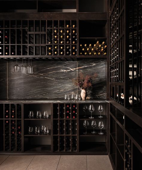 Custom Wine Cabinet Built Ins, Moody Wine Cellar, Wine Room Dining Room, Belvedere Quartzite, Custom Wine Cabinet, Wine Room Design, Custom Wine Room, Retreat Design, Gauntlet Gray