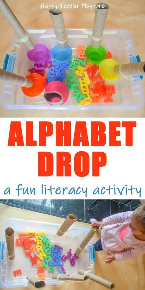 Alphabet Drop Toddler Activity - HAPPY TODDLER PLAYTIME Here is a fun and super simple to set up fine motor activity for toddlers! It’s also a wonderful way to learn or practice letters and colours. #learningthroughplay #toddleractivity #earlylearning Alphabet For Toddlers, Fine Motor Activity, Early Literacy Activities, Activity For Toddlers, Easy Toddler Activities, Abc Activities, Toddler Activity, Preschool Literacy, Easy Toddler