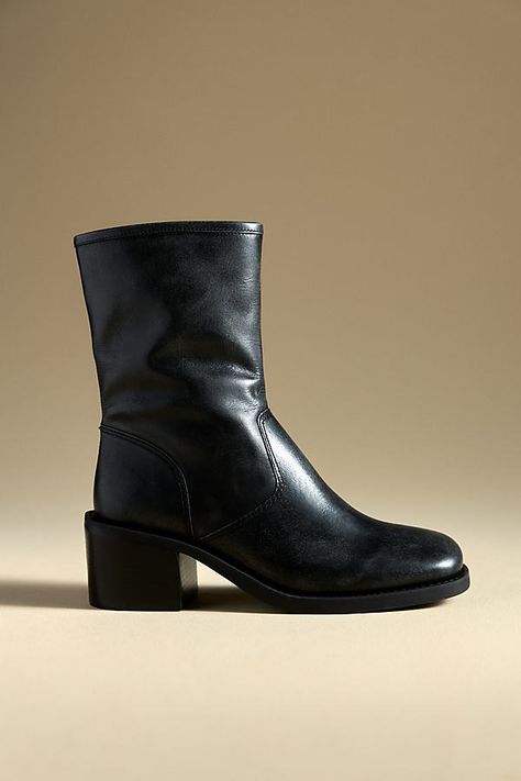 Leather upper, insole Rubber sole Side zip Imported | Block Heel Boots by Anthropologie in Black, Women's, Size: 36, Leather/Rubber 2010s Clothes, 90s Boots, Women Heel Boots, Black Moto Boots, Tall Brown Boots, Low Heel Boots, Black Heel Boots, Block Heel Boots, Black Boots Women