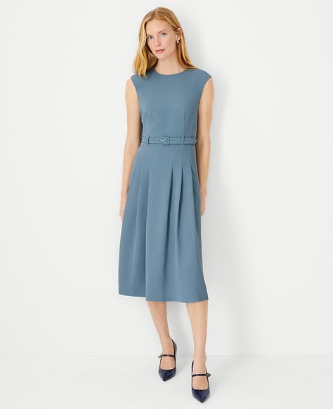 The Pleated Belted Crew Neck Dress in Fluid Crepe Extra Dresses, Petite Suits, Capsule Wardrobe Planning, Tweed Shift Dress, Crew Neck Dress, Wardrobe Planning, Wedding Clothes, New Aesthetic, Crewneck Dress