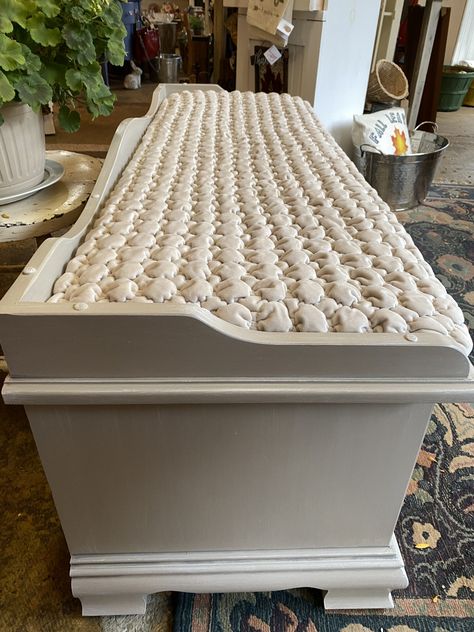 Cedar Chest Makeover Farmhouse, Farmhouse Hope Chest, Add Cushion Top To Cedar Chest, Cedar Chest Redo Ideas, Decopage Furniture Ideas, Repurposed Cedar Chest, Blanket Chest Makeover, Refinished Cedar Chest Ideas, Diy Cedar Chest