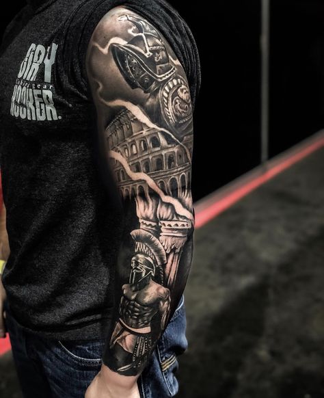 Roman Arm Tattoo, Roman Tatoos Men, Roman Arm Tattoo Men, Gladiator Tattoo Sleeve For Men, Roman Leg Sleeve, Roman History Tattoo, Tattoo Sleave Ideas Men, Roman Leg Tattoo, Roman Empire Tattoo Sleeve